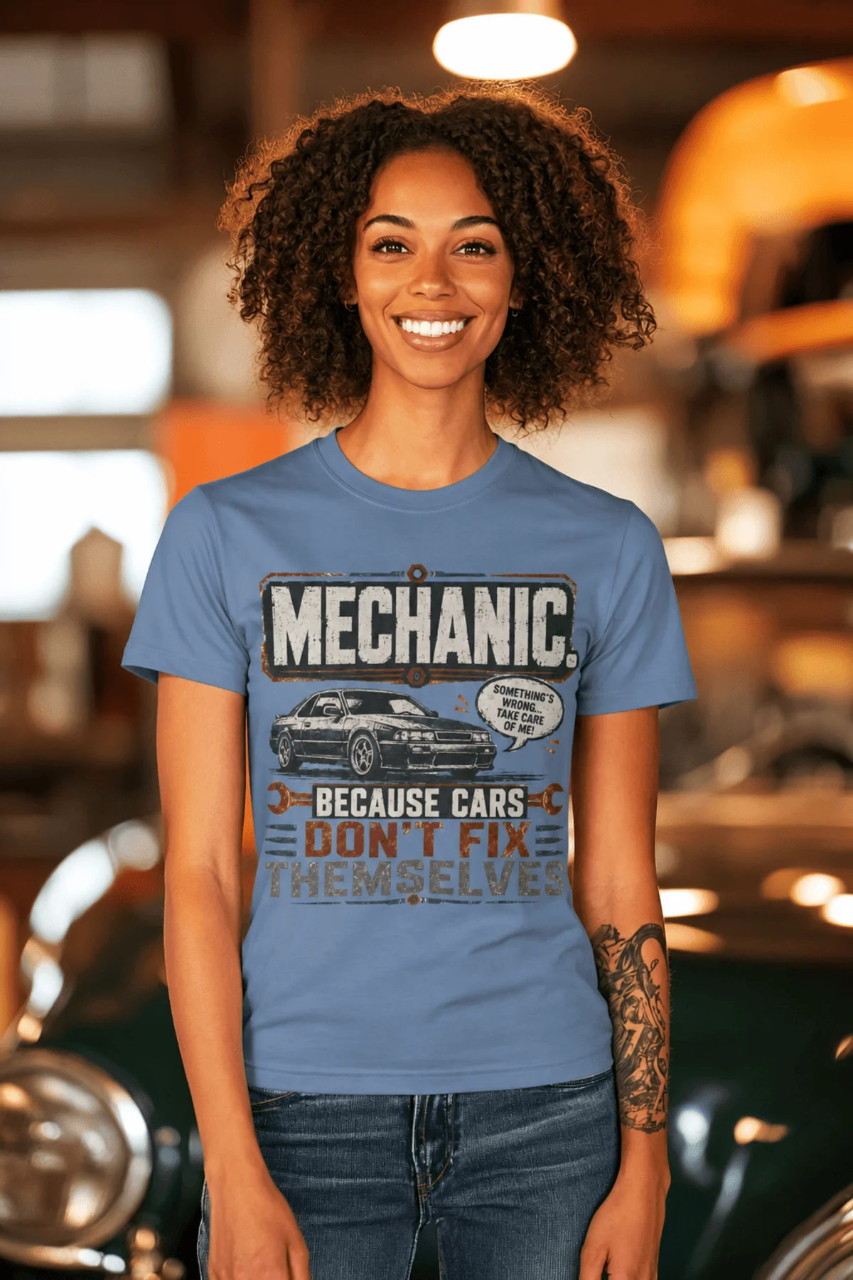 Mechanic Tee — "Mechanic. Because Cars Don't Fix Themselves" Funny Vintage Auto Technician Repair Shirt — steel-blue t-shirt, model photo | Pressure Tested Co