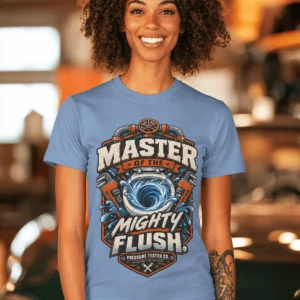 Master of the Mighty Flush T-Shirt — Plumber/Funny Toilet Repair Tee — steel-blue t-shirt, model photo | Pressure Tested Co