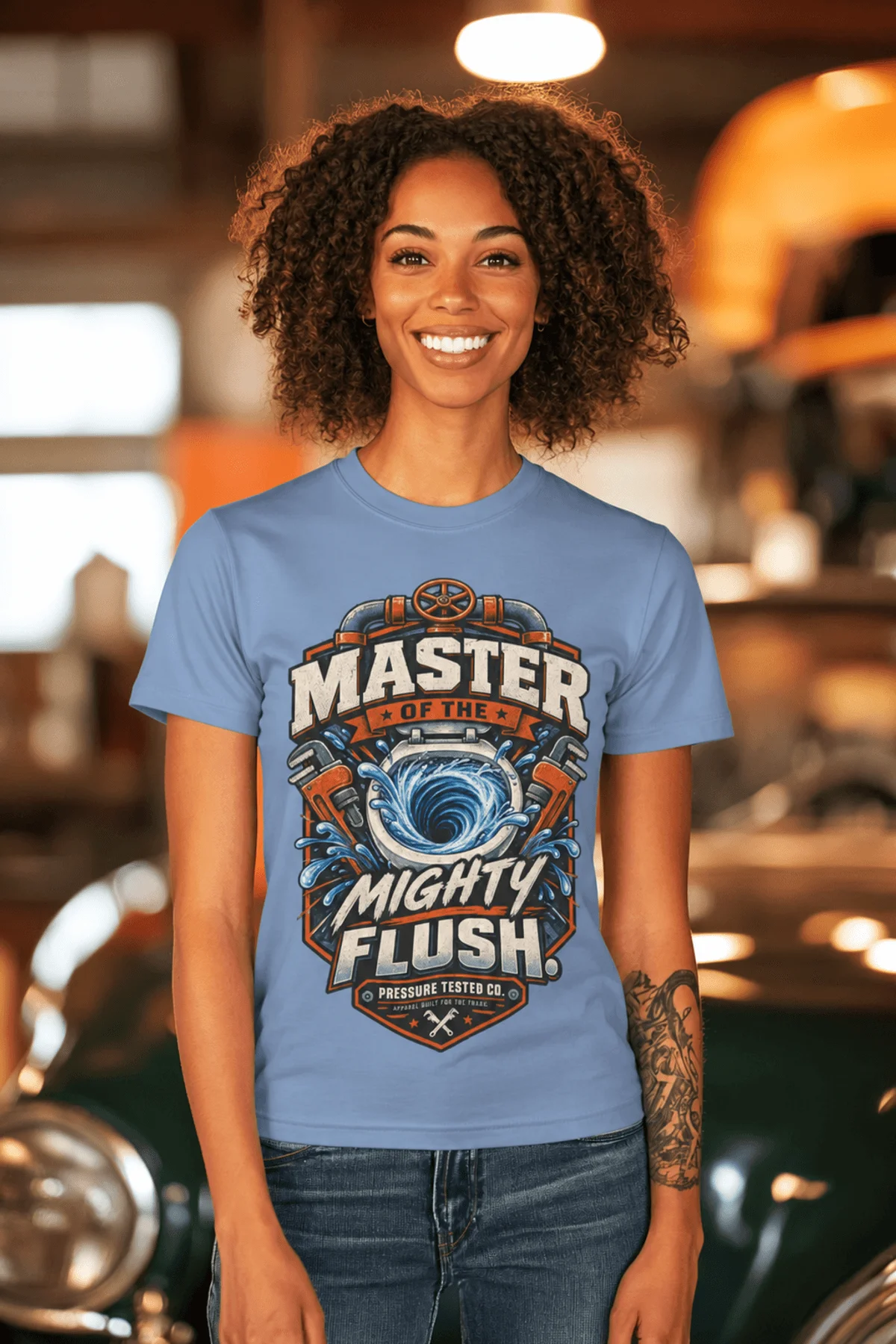 Master of the Mighty Flush T-Shirt — Plumber/Funny Toilet Repair Tee — steel-blue t-shirt, model photo | Pressure Tested Co