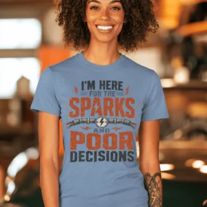 Sparks and Poor Decisions Tee — Funny Electrician/Party Graphic T-Shirt — steel-blue t-shirt, model photo | Pressure Tested Co