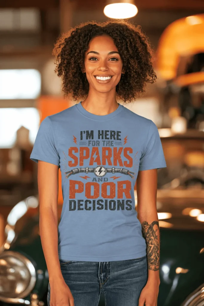 Sparks and Poor Decisions Tee — Funny Electrician/Party Graphic T-Shirt — steel-blue t-shirt, model photo | Pressure Tested Co