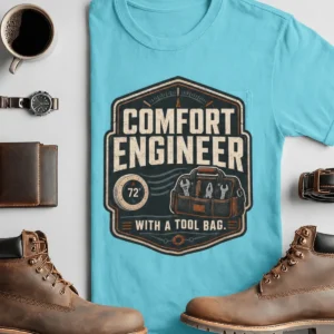 HVAC Tech T-Shirt — "Comfort Engineer" Vintage Tee with a Tool Bag — turquoise t-shirt, flat-lay product photo | Pressure Tested Co