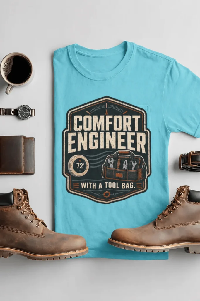 HVAC Tech T-Shirt — "Comfort Engineer" Vintage Tee with a Tool Bag — turquoise t-shirt, flat-lay product photo | Pressure Tested Co