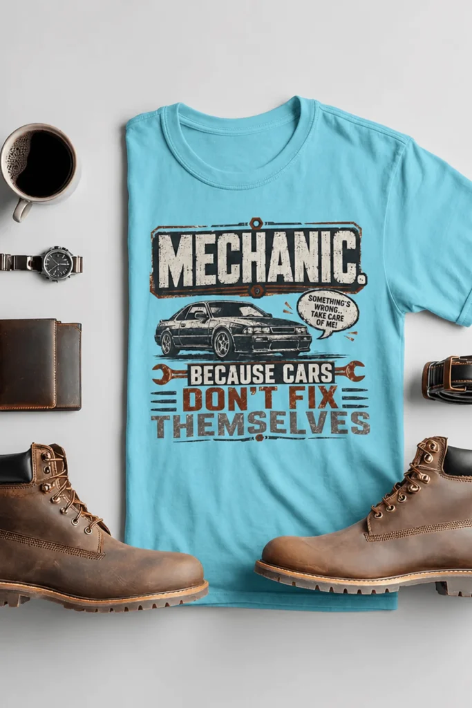 Mechanic Tee — "Mechanic. Because Cars Don't Fix Themselves" Funny Vintage Auto Technician Repair Shirt — turquoise t-shirt, flat-lay product photo | Pressure Tested Co