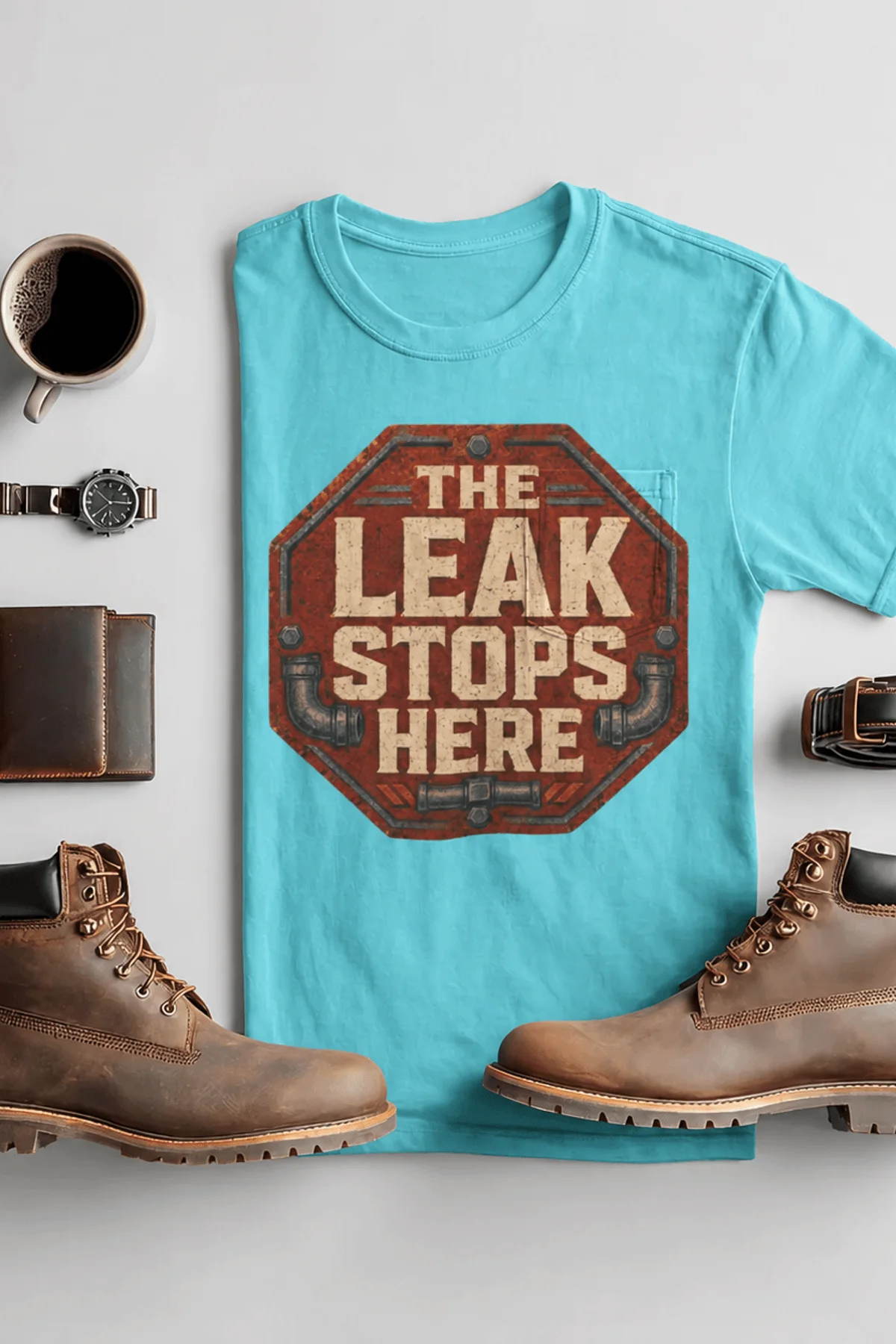 "The Leak Stops Here" Stop Sign Badge Style — Plumbing Repair Tech Humorous Tee — turquoise t-shirt, flat-lay product photo | Pressure Tested Co