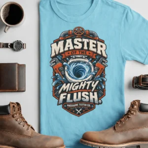 Master of the Mighty Flush T-Shirt — Plumber/Funny Toilet Repair Tee — turquoise t-shirt, flat-lay product photo | Pressure Tested Co
