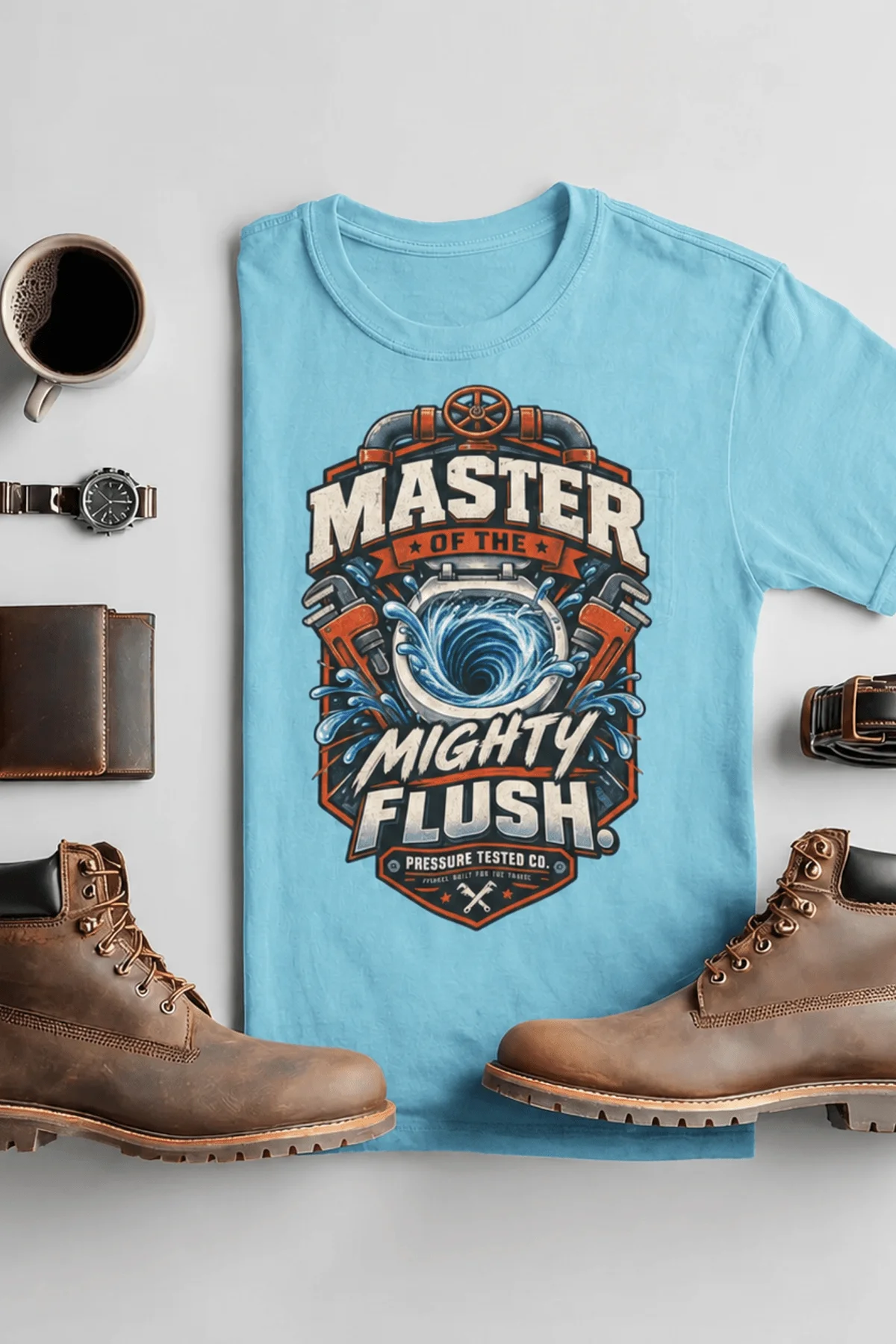 Master of the Mighty Flush T-Shirt — Plumber/Funny Toilet Repair Tee — turquoise t-shirt, flat-lay product photo | Pressure Tested Co