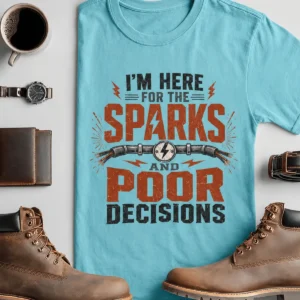 Sparks and Poor Decisions Tee — Funny Electrician/Party Graphic T-Shirt — turquoise t-shirt, flat-lay product photo | Pressure Tested Co
