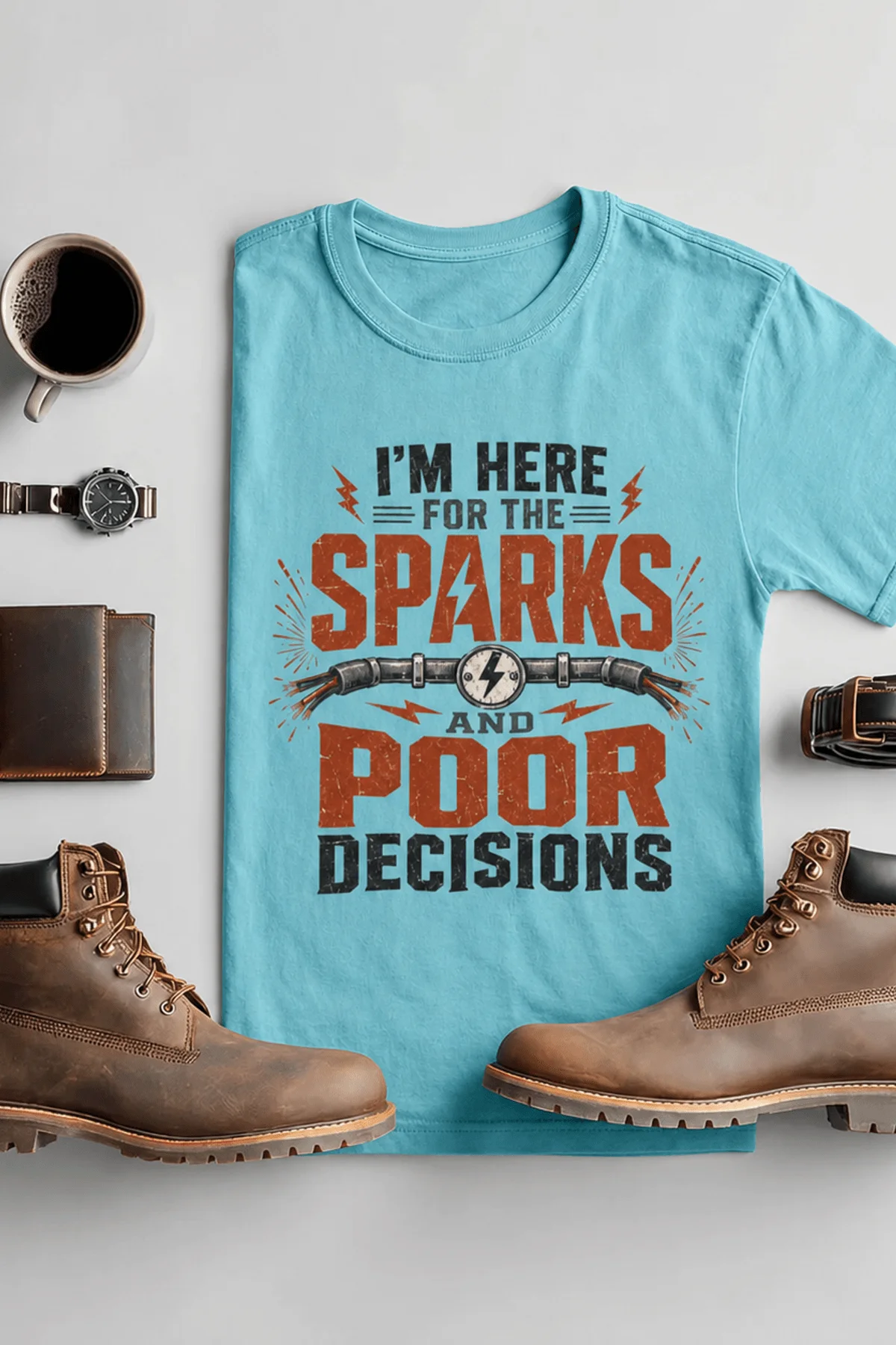 Sparks and Poor Decisions Tee — Funny Electrician/Party Graphic T-Shirt — turquoise t-shirt, flat-lay product photo | Pressure Tested Co