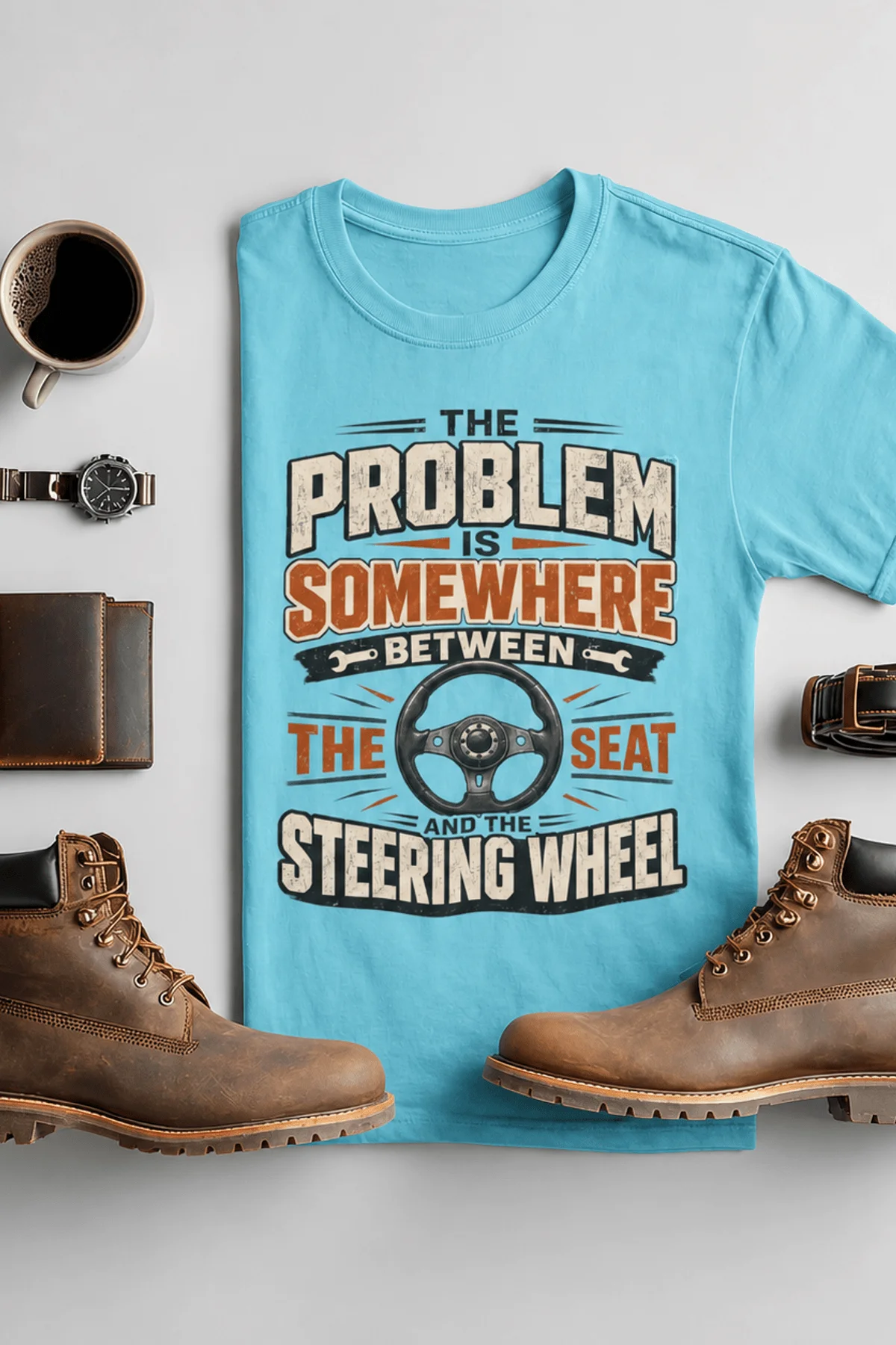 Driving Humor T-Shirt — "The Problem Is Somewhere Between The Seat And The Steering Wheel" — turquoise t-shirt, flat-lay product photo | Pressure Tested Co