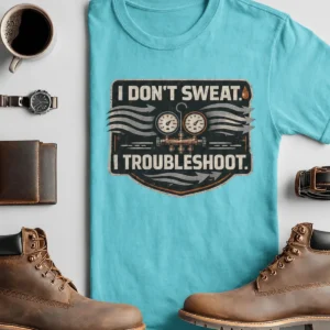 HVAC Tech T-Shirt – "I Don't Sweat. I Troubleshoot." Retro Tech Shirt — turquoise t-shirt, flat-lay product photo | Pressure Tested Co