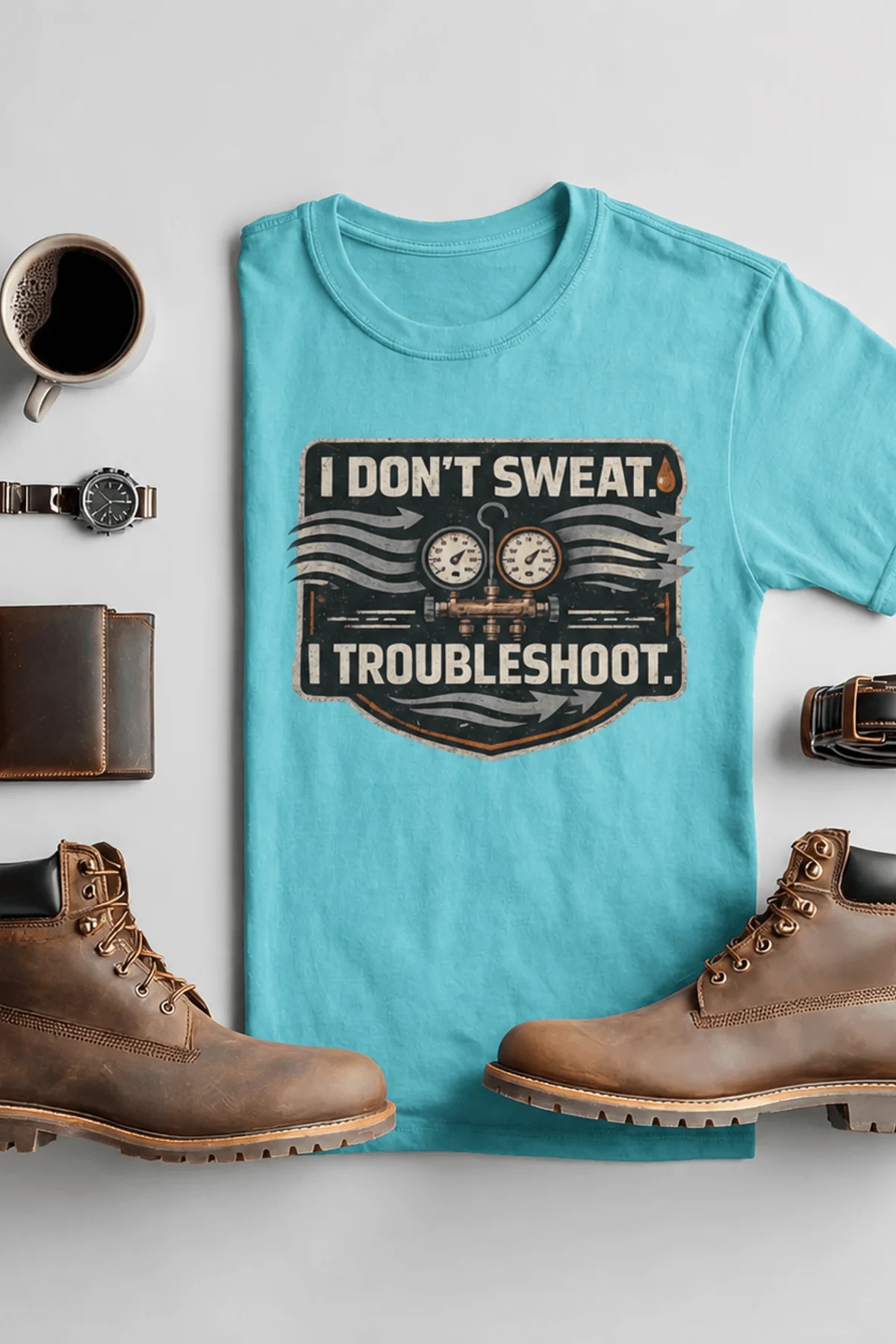 HVAC Tech T-Shirt – "I Don't Sweat. I Troubleshoot." Retro Tech Shirt — turquoise t-shirt, flat-lay product photo | Pressure Tested Co