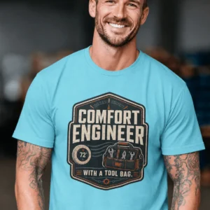 HVAC Tech T-Shirt — "Comfort Engineer" Vintage Tee with a Tool Bag — turquoise t-shirt, model photo | Pressure Tested Co