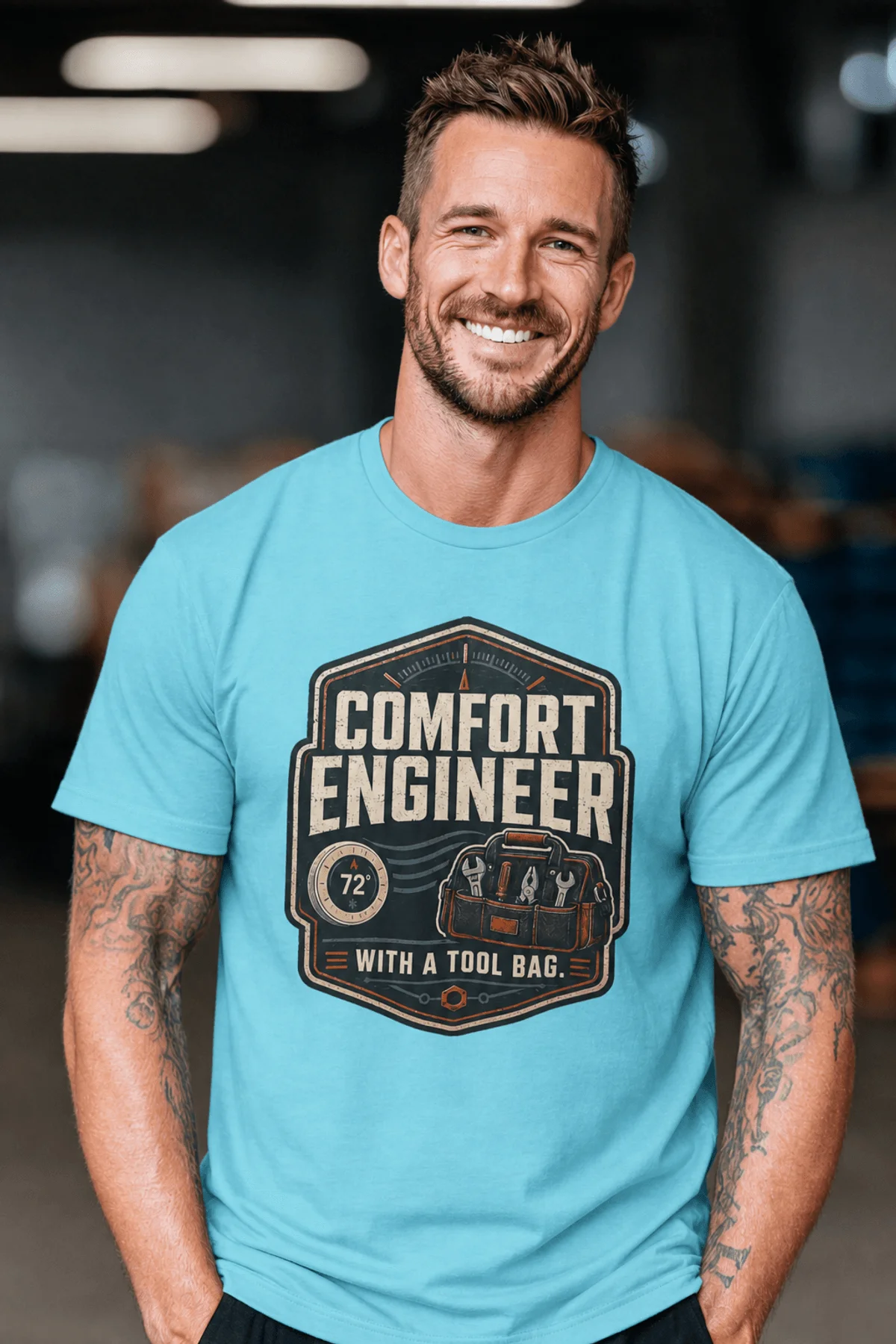 HVAC Tech T-Shirt — "Comfort Engineer" Vintage Tee with a Tool Bag — turquoise t-shirt, model photo | Pressure Tested Co