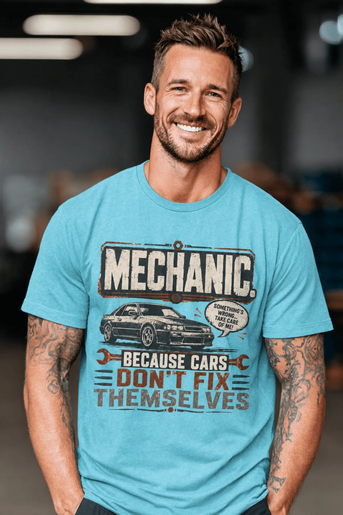 Mechanic Tee — "Mechanic. Because Cars Don't Fix Themselves" Funny Vintage Auto Technician Repair Shirt — turquoise t-shirt, model photo | Pressure Tested Co