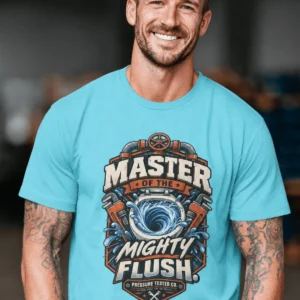 Master of the Mighty Flush T-Shirt — Plumber/Funny Toilet Repair Tee — turquoise t-shirt, model photo | Pressure Tested Co