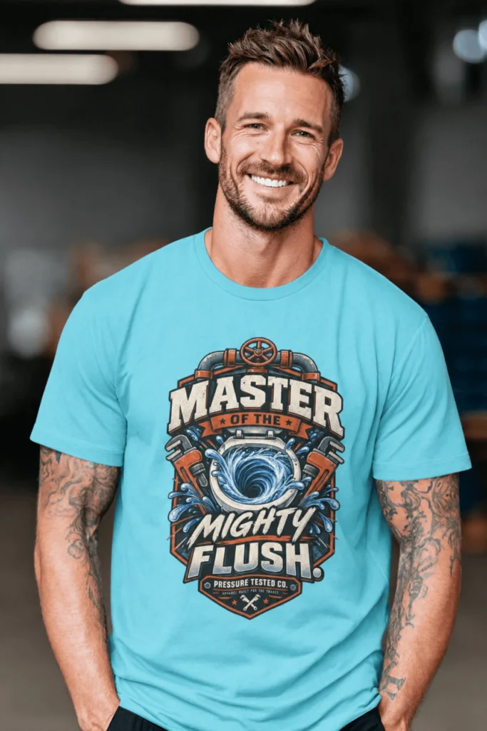 Master of the Mighty Flush T-Shirt — Plumber/Funny Toilet Repair Tee — turquoise t-shirt, model photo | Pressure Tested Co