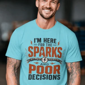 Sparks and Poor Decisions Tee — Funny Electrician/Party Graphic T-Shirt — turquoise t-shirt, model photo | Pressure Tested Co