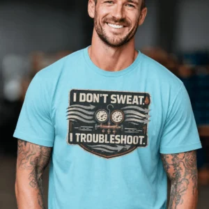 HVAC Tech T-Shirt – "I Don't Sweat. I Troubleshoot." Retro Tech Shirt — turquoise t-shirt, model photo | Pressure Tested Co