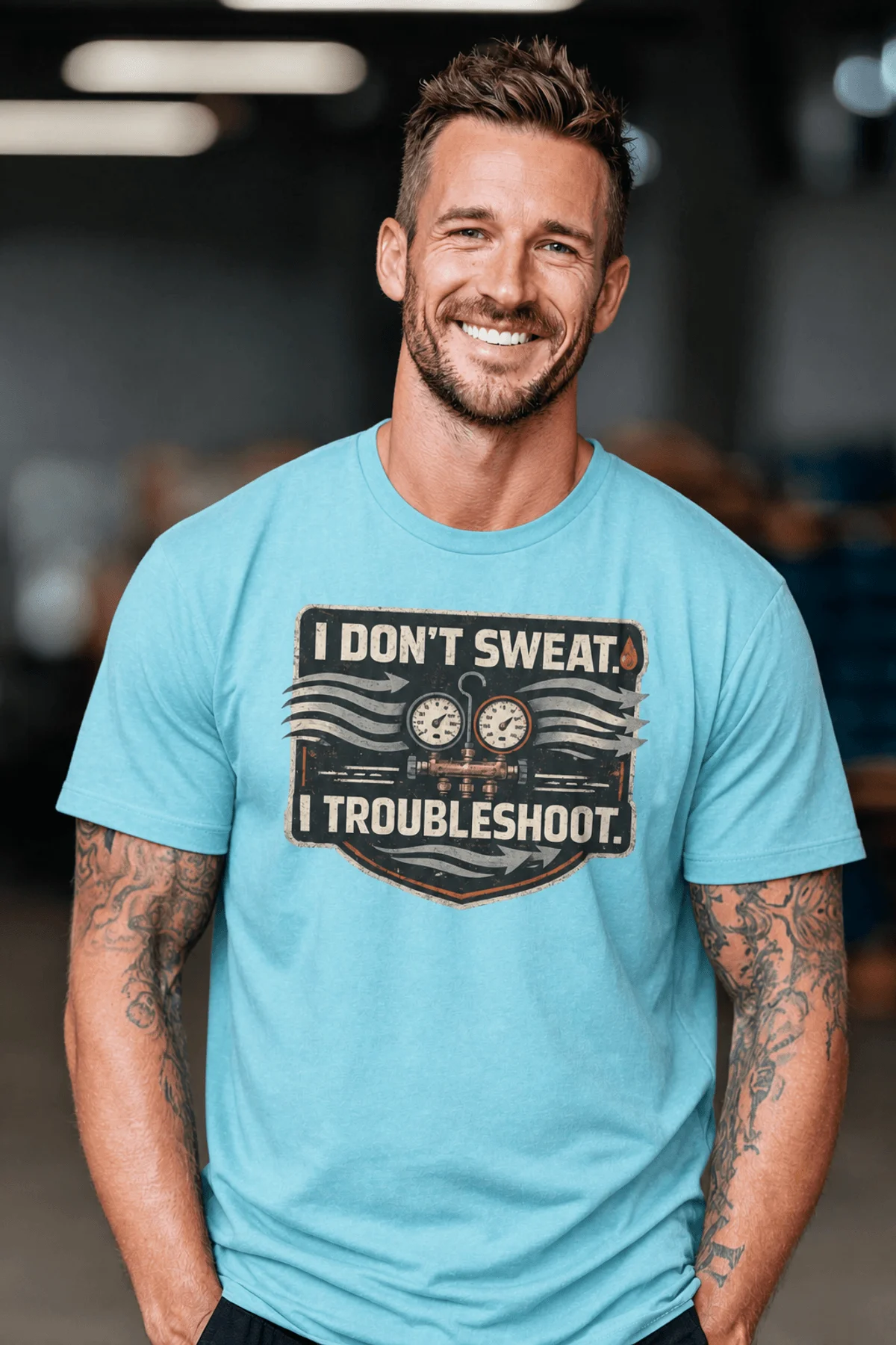 HVAC Tech T-Shirt – "I Don't Sweat. I Troubleshoot." Retro Tech Shirt — turquoise t-shirt, model photo | Pressure Tested Co