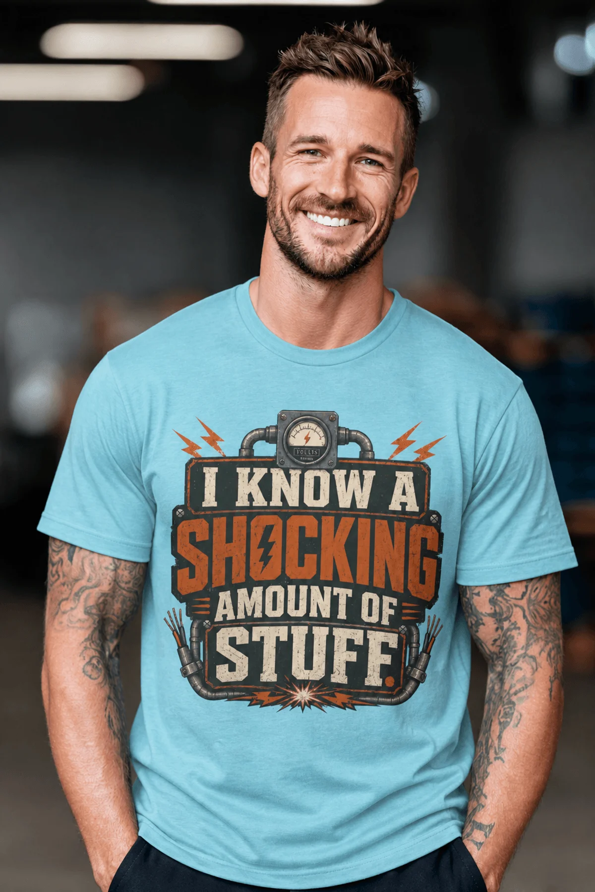 I Know A Shocking Amount Of Stuff T-Shirt — Electrician Science Humorous Tee — turquoise t-shirt, model photo | Pressure Tested Co