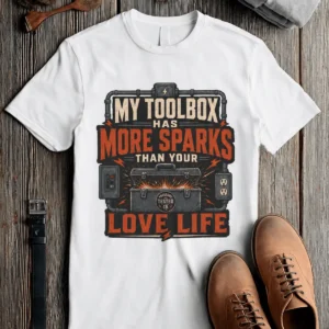 T-Shirt — "My Toolbox Has More Sparks Than Your Love Life" Electrician/Mechanic Workshop Tee — white t-shirt, flat-lay product photo | Pressure Tested Co