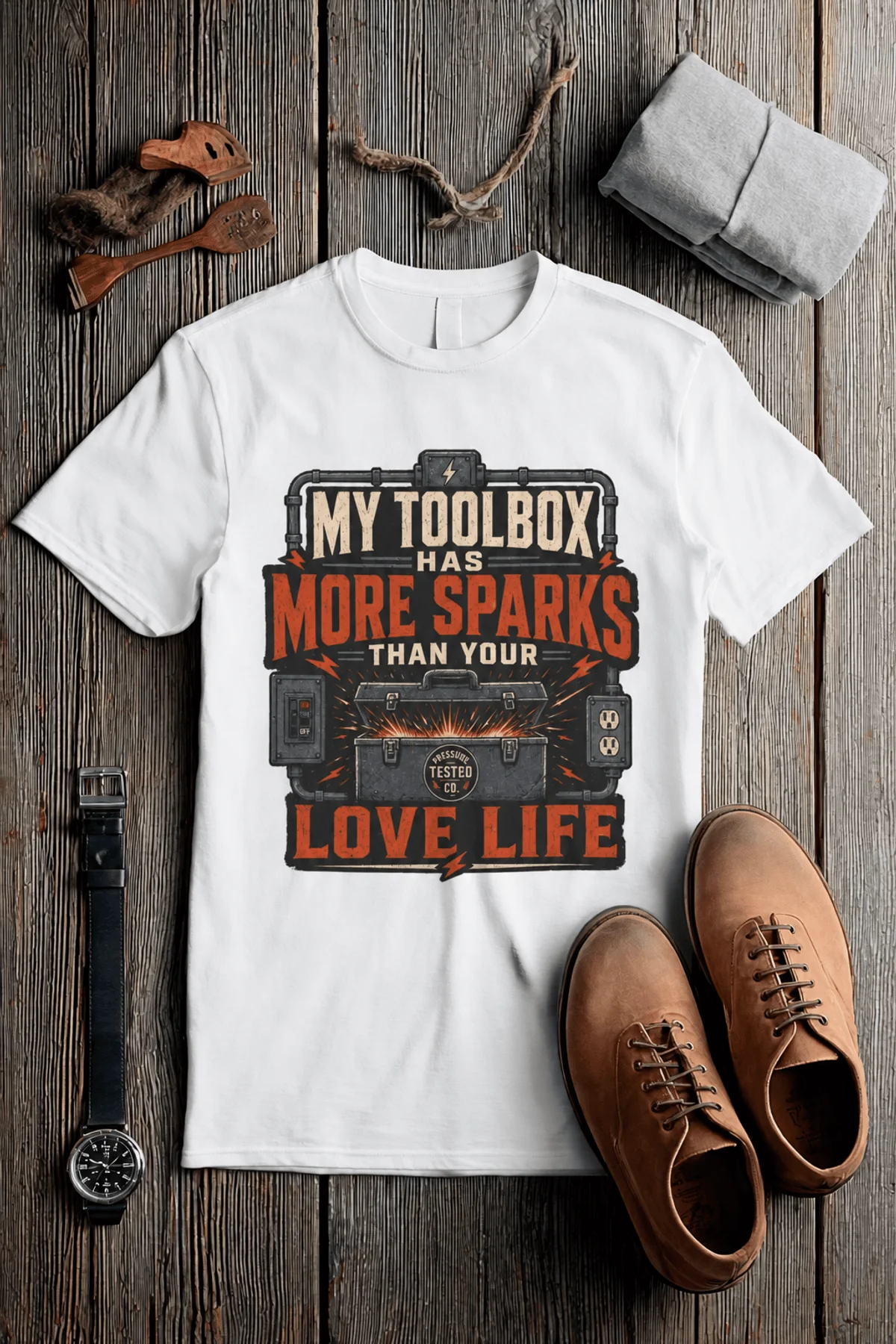 T-Shirt — "My Toolbox Has More Sparks Than Your Love Life" Electrician/Mechanic Workshop Tee — white t-shirt, flat-lay product photo | Pressure Tested Co