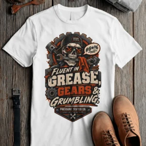 Mechanic Skull T-Shirt — "Fluent in Grease, Gears and Grumbling" Graphic Tee — white t-shirt, flat-lay product photo | Pressure Tested Co