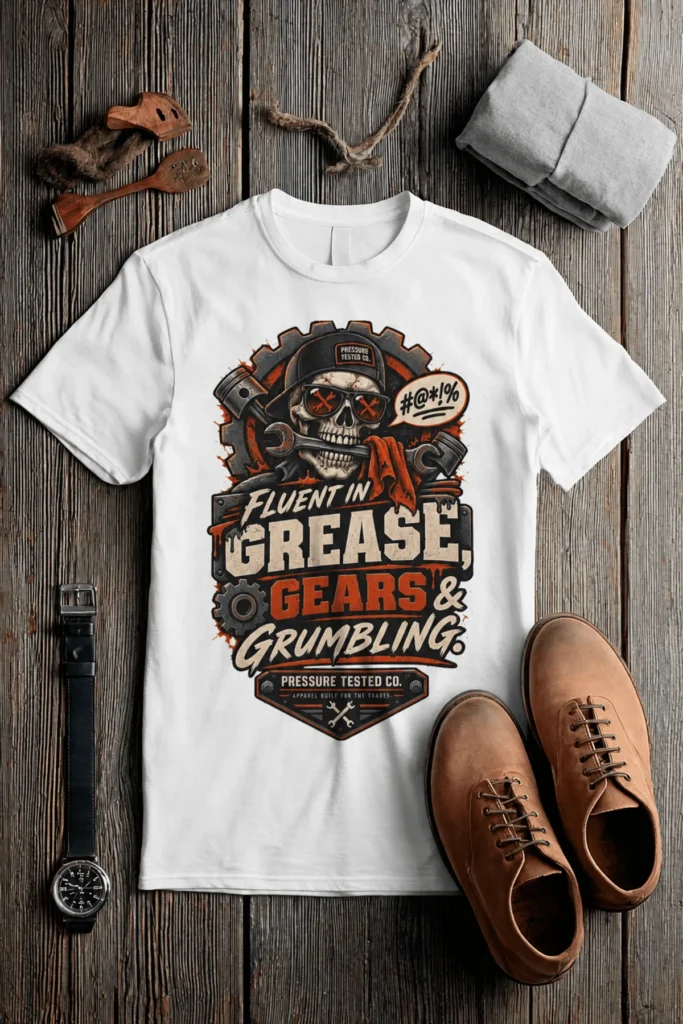 Mechanic Skull T-Shirt — "Fluent in Grease, Gears and Grumbling" Graphic Tee — white t-shirt, flat-lay product photo | Pressure Tested Co