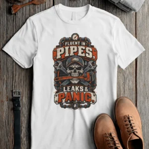 Plumber Skull T-Shirt — "Fluent in Pipes, Leaks and Panic" Workwear Tee — white t-shirt, flat-lay product photo | Pressure Tested Co