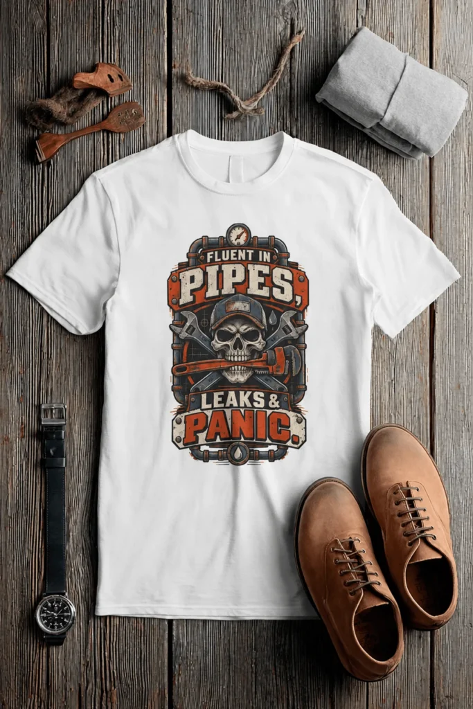 Plumber Skull T-Shirt — "Fluent in Pipes, Leaks and Panic" Workwear Tee — white t-shirt, flat-lay product photo | Pressure Tested Co