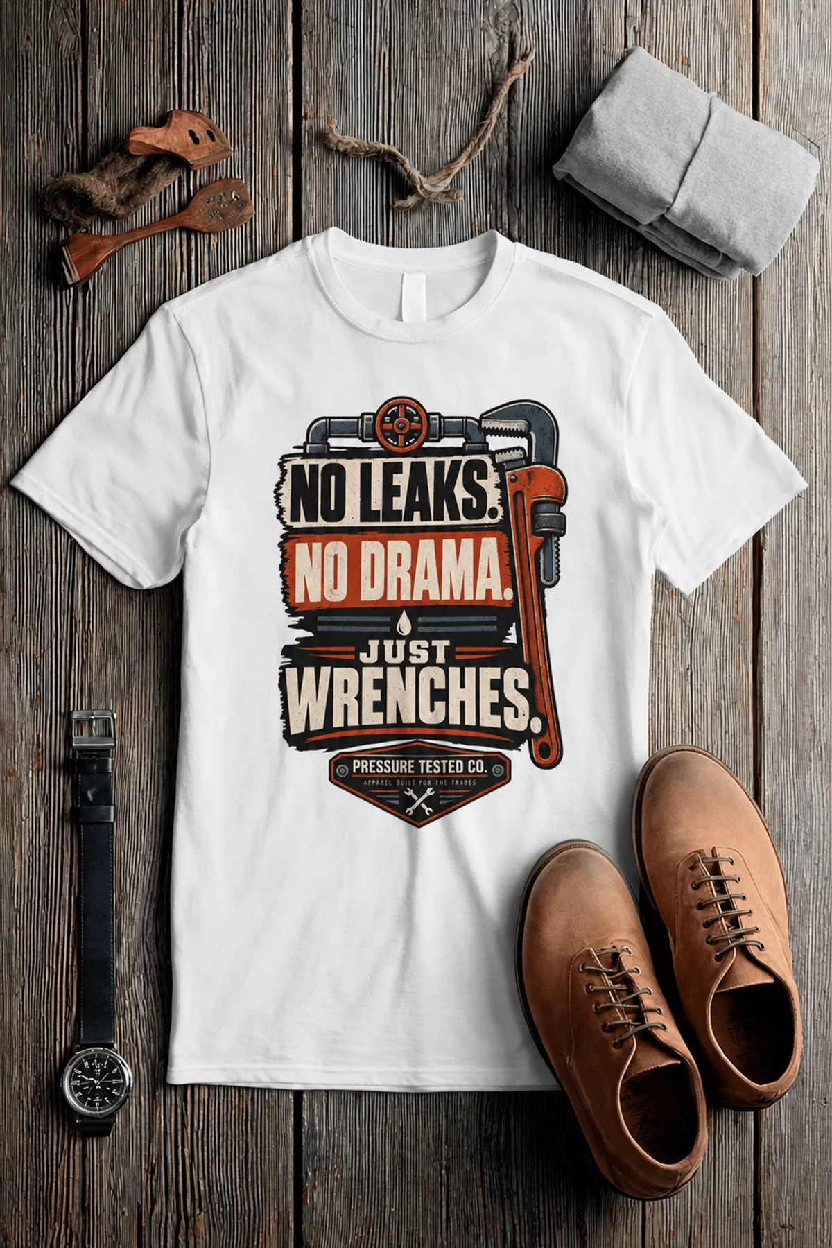 "No Leaks, No Drama, Just Wrenches" Vintage Plumbing Tee — white t-shirt, flat-lay product photo | Pressure Tested Co