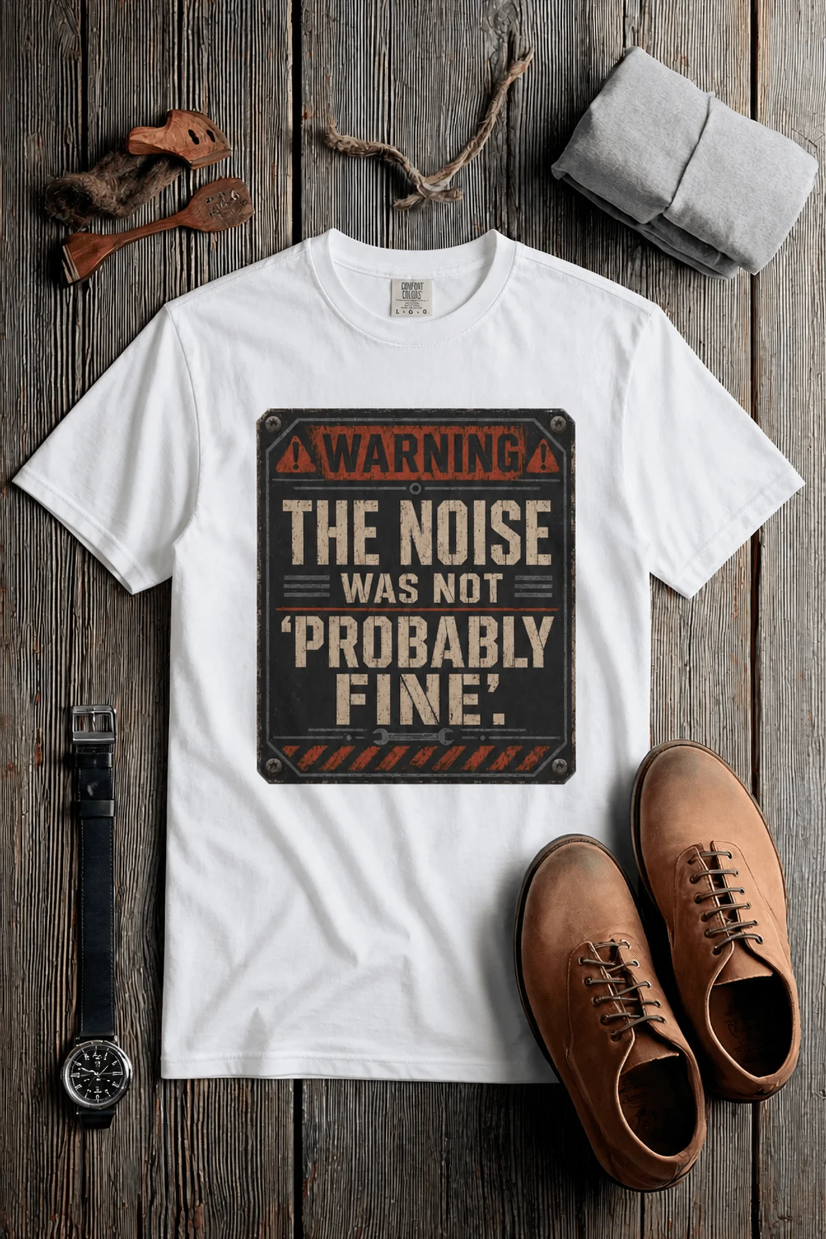 Warning Sign T-Shirt — "The Noise Was Not 'Probably Fine'" Vintage Graphic Tee — white t-shirt, flat-lay product photo | Pressure Tested Co