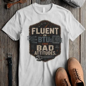 HVAC Tech T‑Shirt – "Fluent In BTUs And Bad Attitudes" — white t-shirt, flat-lay product photo | Pressure Tested Co