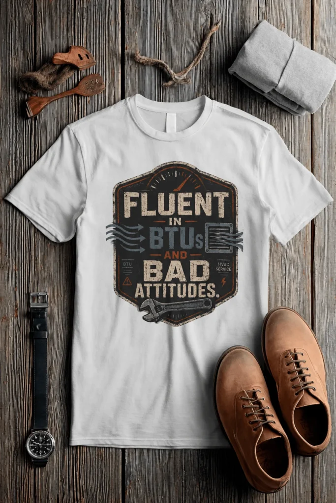 HVAC Tech T‑Shirt – "Fluent In BTUs And Bad Attitudes" — white t-shirt, flat-lay product photo | Pressure Tested Co