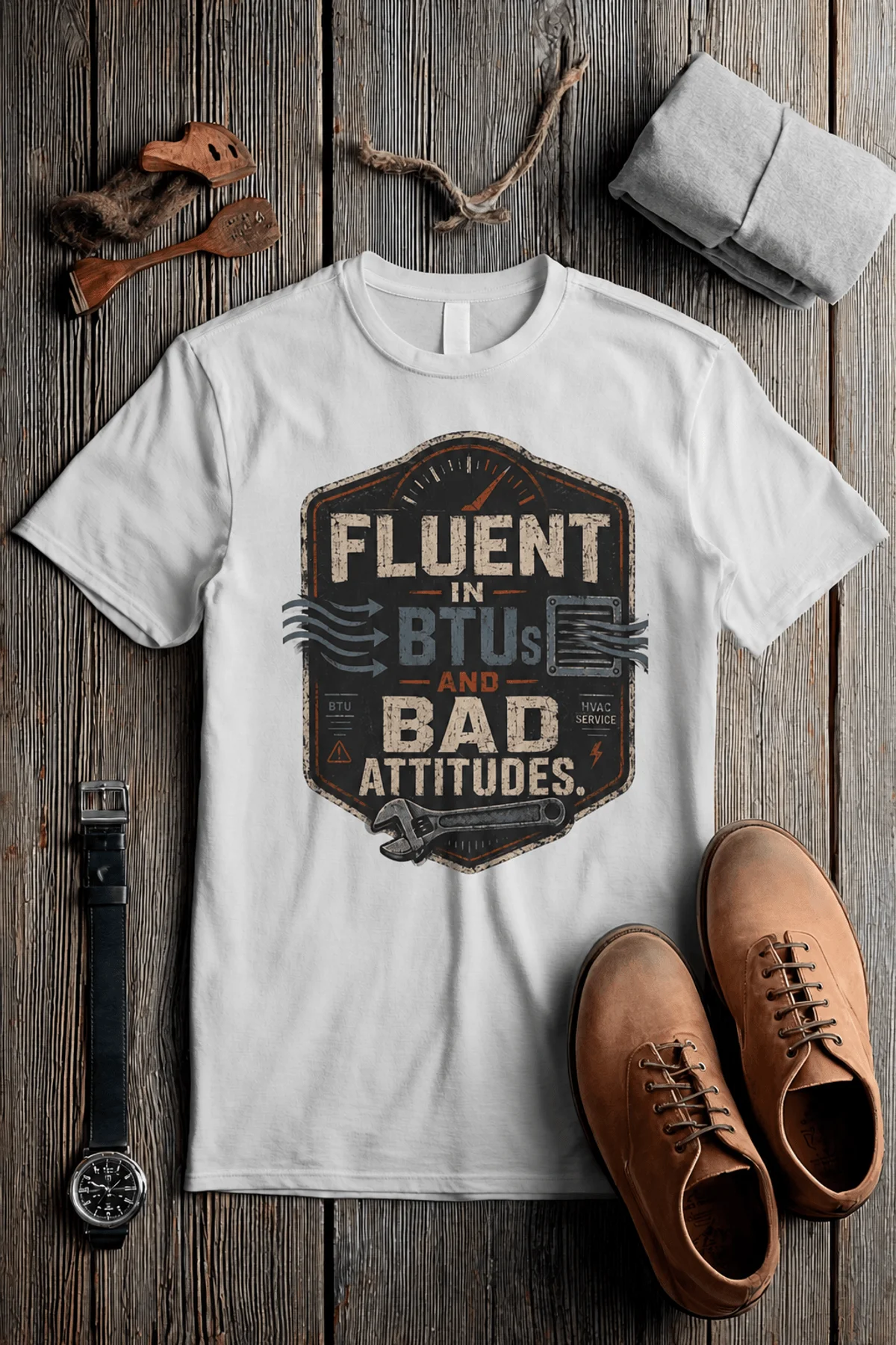 HVAC Tech T‑Shirt – "Fluent In BTUs And Bad Attitudes" — white t-shirt, flat-lay product photo | Pressure Tested Co