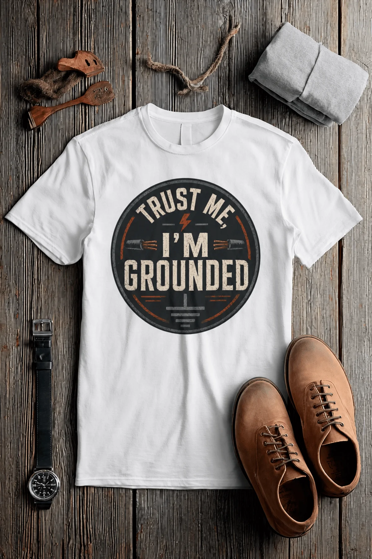 Grounded T‑Shirt – "Trust Me I'm Grounded" Electrical Tech Tee — white t-shirt, flat-lay product photo | Pressure Tested Co