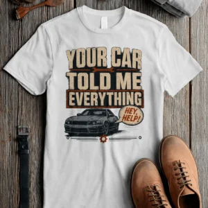 Mechanic T‑Shirt – "Your Car Told Me Everything" Vintage Graphic Design Tee — white t-shirt, flat-lay product photo | Pressure Tested Co