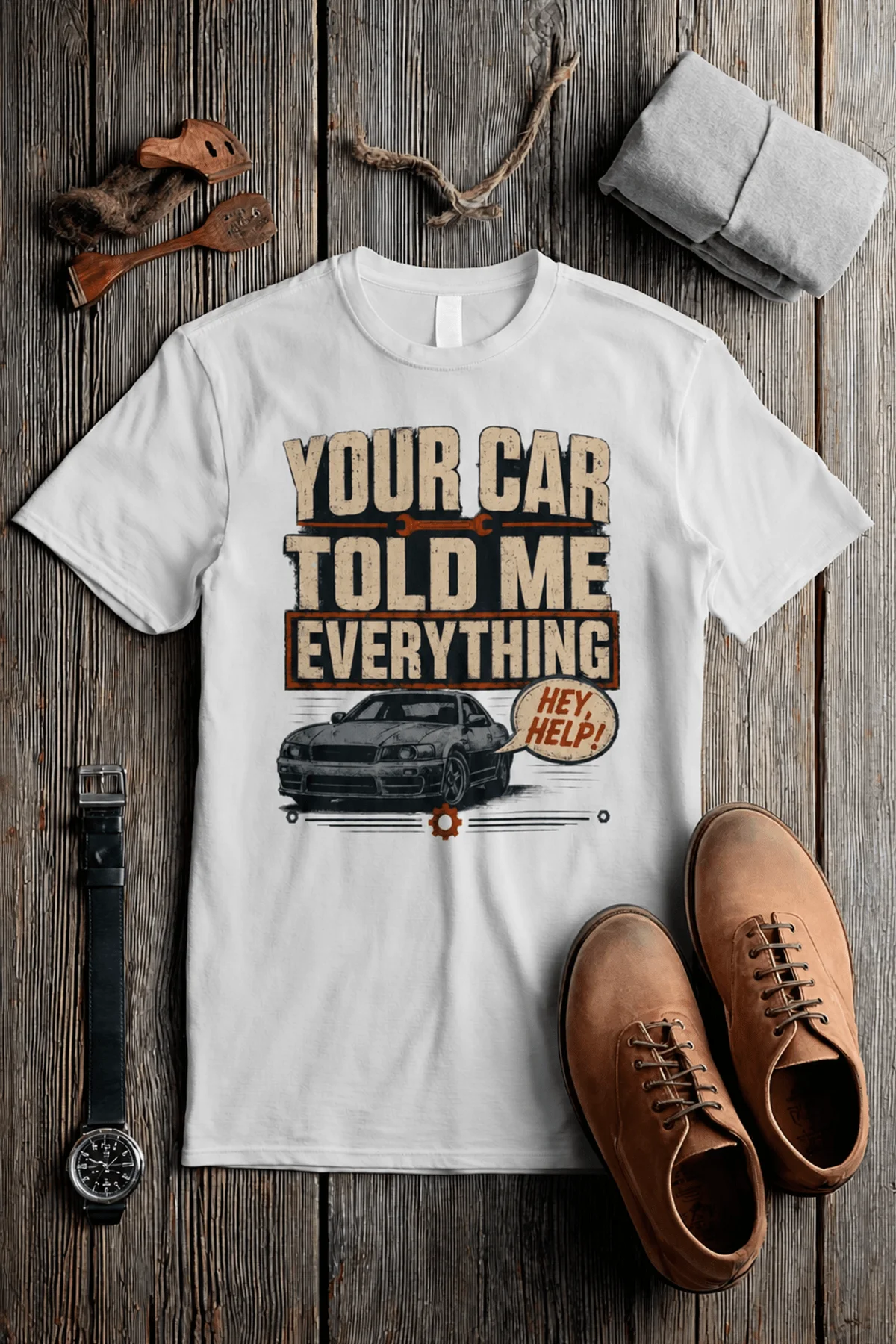 Mechanic T‑Shirt – "Your Car Told Me Everything" Vintage Graphic Design Tee — white t-shirt, flat-lay product photo | Pressure Tested Co