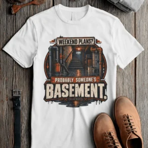 Plumber T‑Shirt – "Weekend Plans? Probably Someone's Basement" Vintage Graphic Design Tee — white t-shirt, flat-lay product photo | Pressure Tested Co