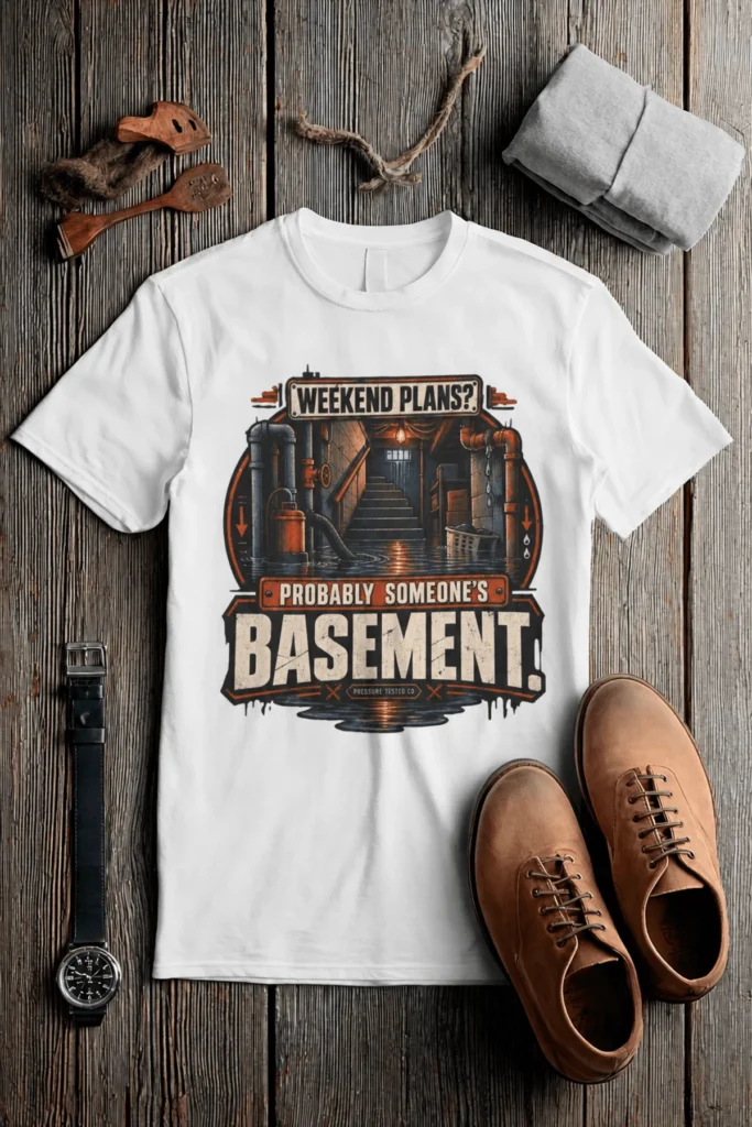 Plumber T‑Shirt – "Weekend Plans? Probably Someone's Basement" Vintage Graphic Design Tee — white t-shirt, flat-lay product photo | Pressure Tested Co