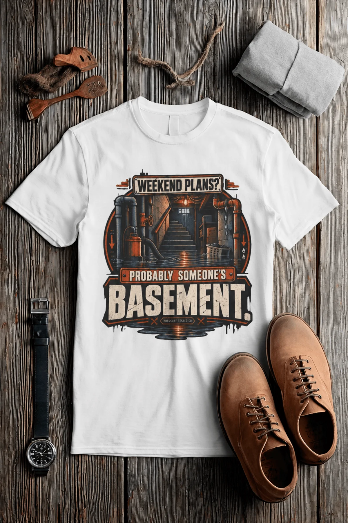 Plumber T‑Shirt – "Weekend Plans? Probably Someone's Basement" Vintage Graphic Design Tee — white t-shirt, flat-lay product photo | Pressure Tested Co