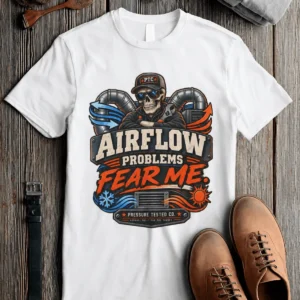Airflow Problems Fear Me T-Shirt — HVAC Technician Skull Logo Tee — white t-shirt, flat-lay product photo | Pressure Tested Co