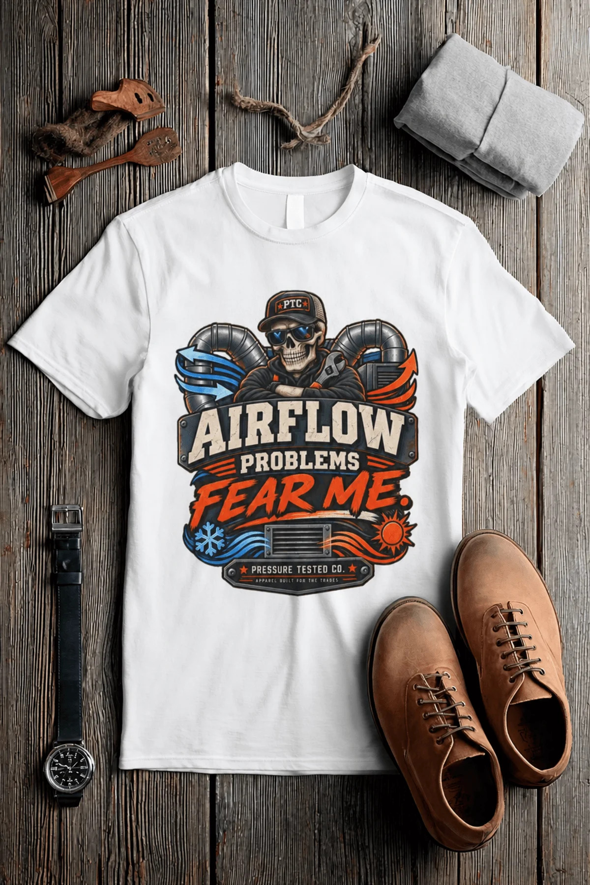 Airflow Problems Fear Me T-Shirt — HVAC Technician Skull Logo Tee — white t-shirt, flat-lay product photo | Pressure Tested Co