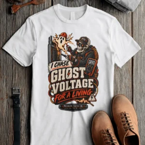 Ghost Voltage T-Shirt — 'I Chase Ghost Voltage for a Living' Vintage Electrician Tee — white t-shirt, flat-lay product photo | Pressure Tested Co