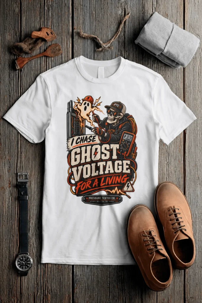 Ghost Voltage T-Shirt — 'I Chase Ghost Voltage for a Living' Vintage Electrician Tee — white t-shirt, flat-lay product photo | Pressure Tested Co