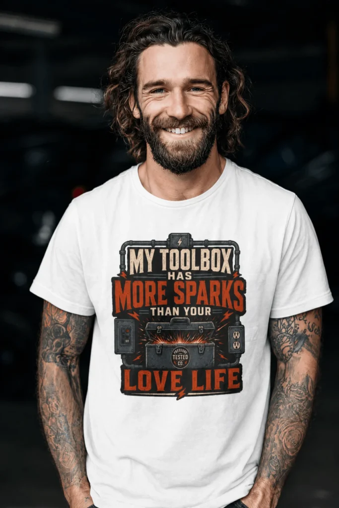 T-Shirt — "My Toolbox Has More Sparks Than Your Love Life" Electrician/Mechanic Workshop Tee — white t-shirt, model photo | Pressure Tested Co