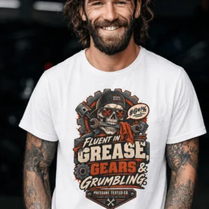 Mechanic Skull T-Shirt — "Fluent in Grease, Gears and Grumbling" Graphic Tee — white t-shirt, model photo | Pressure Tested Co