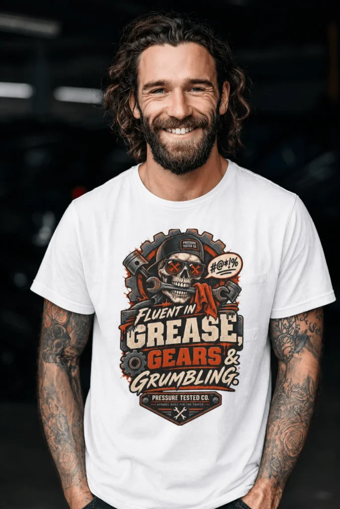Mechanic Skull T-Shirt — "Fluent in Grease, Gears and Grumbling" Graphic Tee — white t-shirt, model photo | Pressure Tested Co
