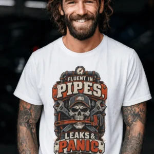 Plumber Skull T-Shirt — "Fluent in Pipes, Leaks and Panic" Workwear Tee — white t-shirt, model photo | Pressure Tested Co